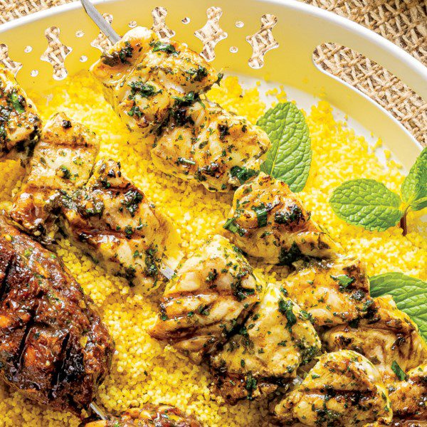 Citrus Herb Fish Skewers with Couscous and Grilled Vegetables